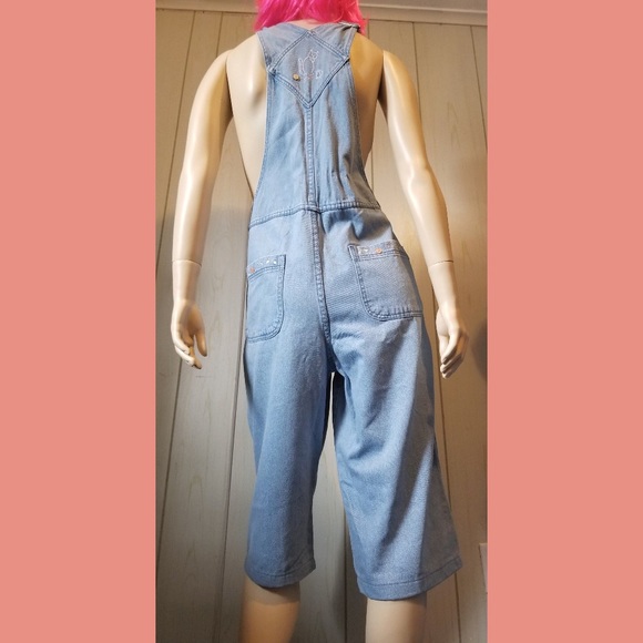 Vintage 90s Embroidered Cats Blue Denim Capri Overalls - Picture 5 of 10